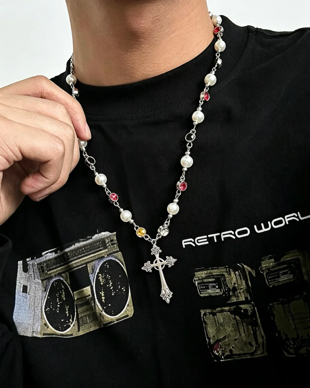 Bohemian Noir Cross With Pearls Zinc And Alloy