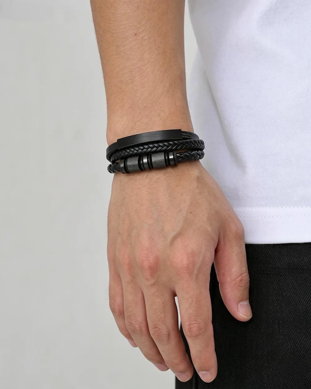 Obsidian Pulse Hip Hop Stainless Steel Leather Layered Bracelet